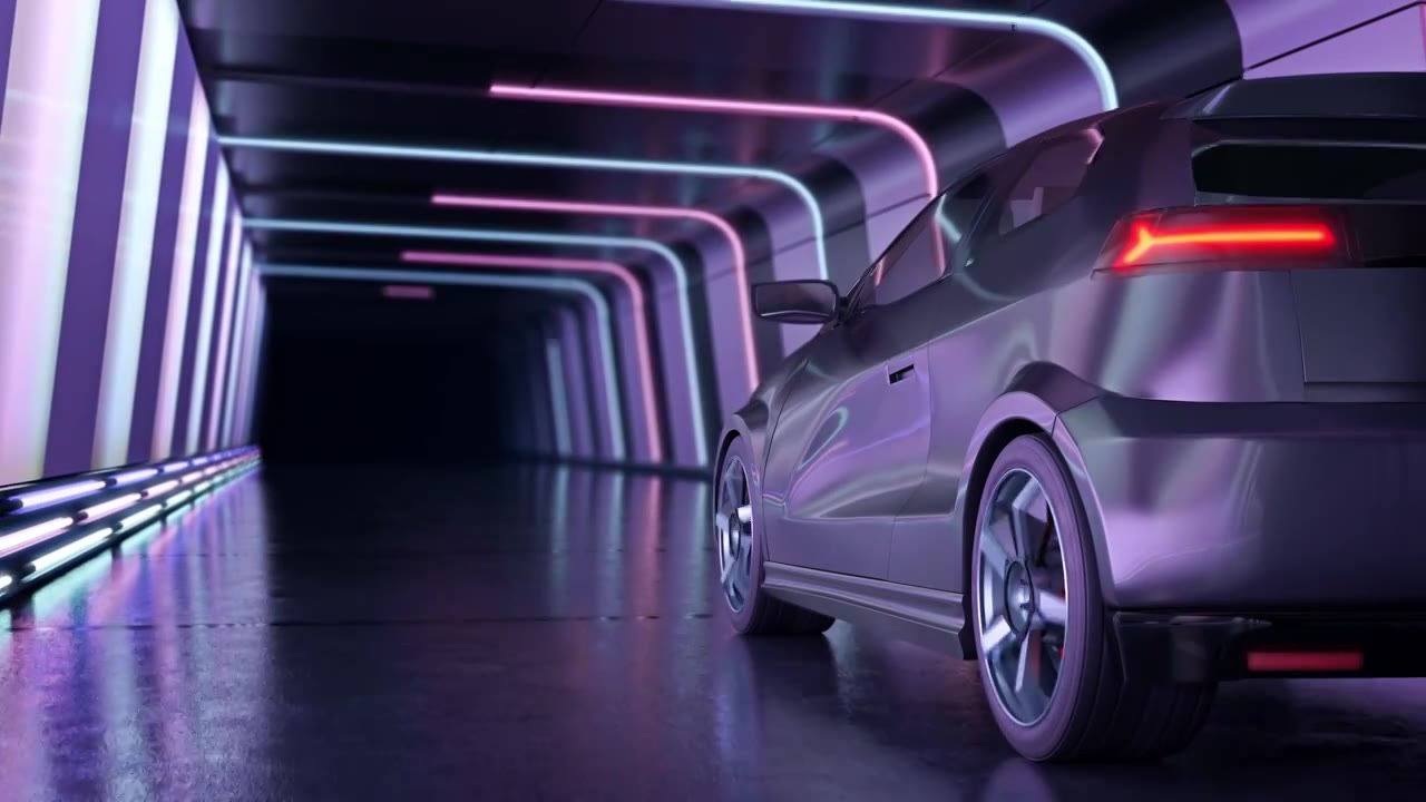 一辆银色的汽车驶过科幻霓虹灯隧道视频下载