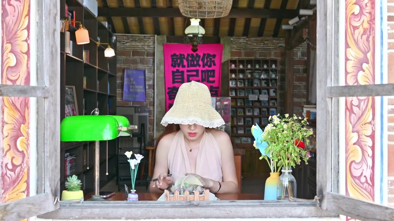 一位中国温柔美女女士坐在窗前用笔书写日记视频下载