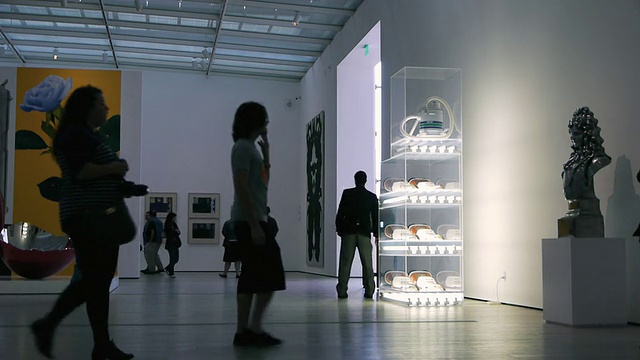 在美国加州洛杉矶的布罗德当代艺术博物馆(Broad Contemporary Art Museum)，参观者在现代展厅中漫步视频下载
