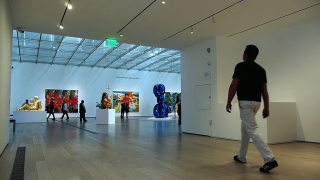 WS Man在美国加州洛杉矶Broad当代艺术博物馆的大型展厅中漫步视频下载