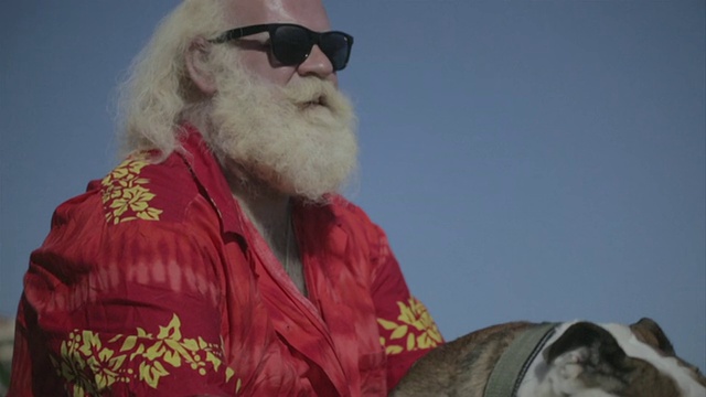 白色长发的大男人(圣诞老人)，胡子和小胡子，在海滩上抚摸着他的斗牛犬视频素材