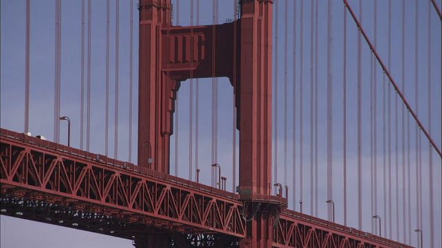 钢缆和粗大的支撑梁支撑着加州旧金山的金门大桥。高清。视频下载