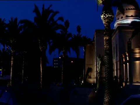 从汽车经过左侧的小路上可以看到有柱子和棕榈树的清真寺视频素材