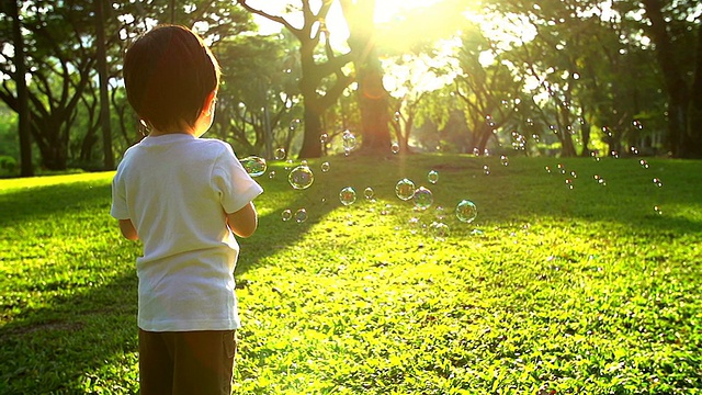 小男孩在公园里玩肥皂泡。视频素材