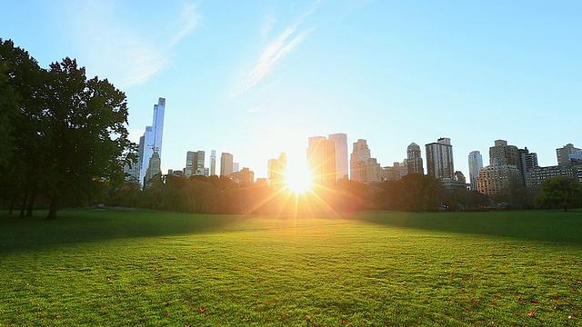 在秋季的绵羊草地中央公园，镜头捕捉到了曼哈顿摩天大楼之间的日落。视频素材