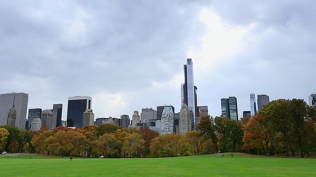 美国纽约Sheep Meadow的秋色树木和多云的曼哈顿天际线视频素材