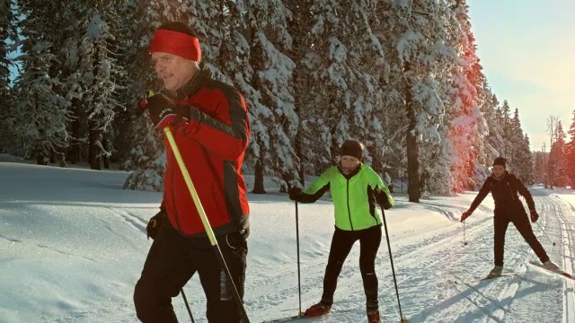 TS SLO MO家庭在越野滑雪跑道滑冰视频下载