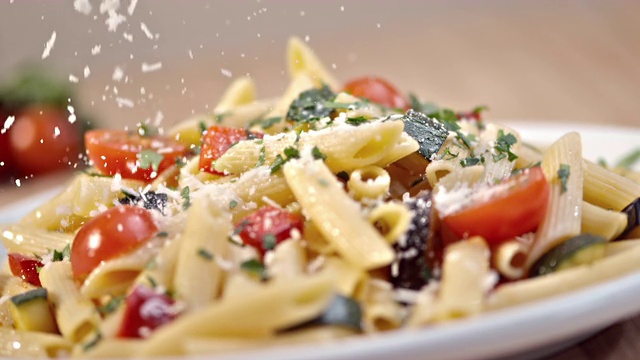 將帕爾馬干酪和新鮮蔬菜灑在意大利面上視頻素材