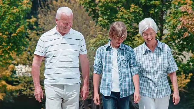 爷爷奶奶和孙子在公园里散步视频素材