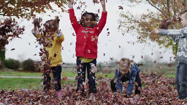 六七岁的孩子在秋叶中玩耍视频下载