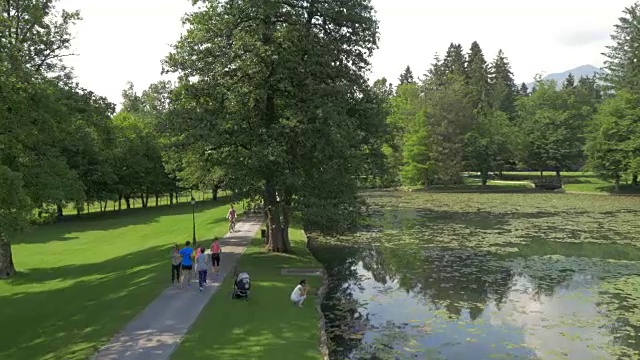 空中家庭在公园的湖边跑步视频素材