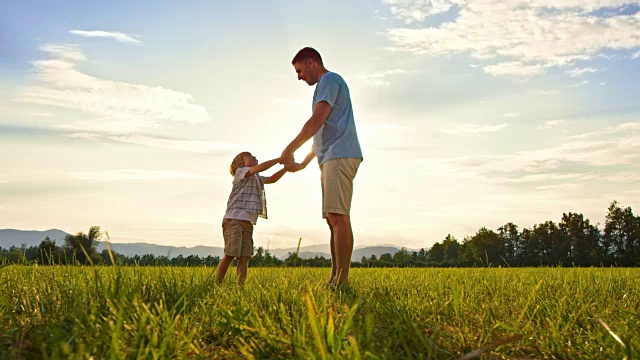 父亲和儿子手牵着手在阳光灿烂的草地上视频素材