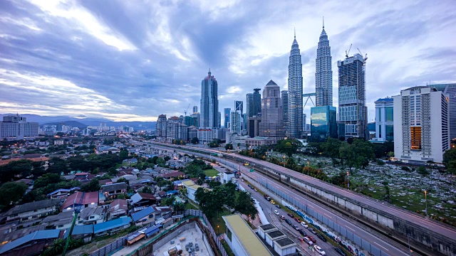在吉隆坡城市，4k时间的戏剧性日出。移动和改变颜色的云。鸟瞰图。视频素材