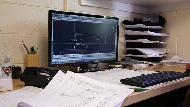 绘图员手翻建筑图纸前景，机架焦点到计算机显示器上的CAD效果图背景视频下载