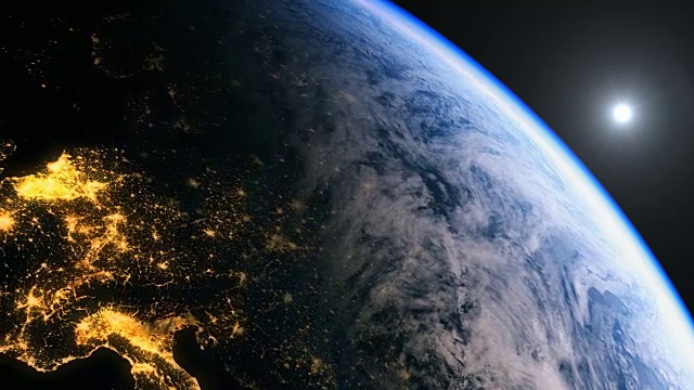 从太空看欧洲，太阳在地平线上。在4 k视频素材