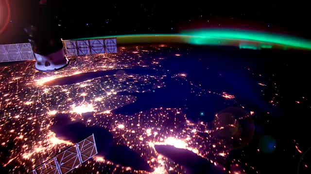 美国东部城市灯光ISS视图。微妙的运动和闪耀效果视频下载