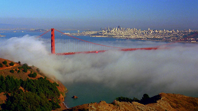 大镜头旧金山湾和金门大桥沉浸在雾/城市景观背景/加利福尼亚视频素材