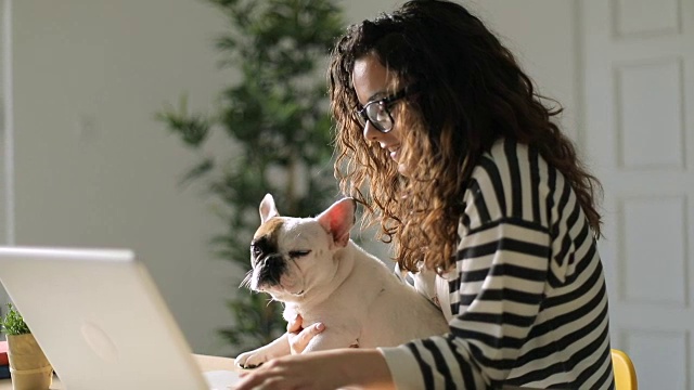 年轻女子和她的狗在家里使用笔记本电脑视频下载