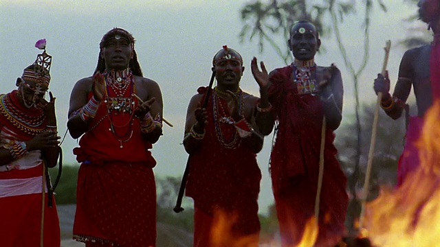 马塞部落与人们一起跳舞+前景/肯尼亚的火视频下载