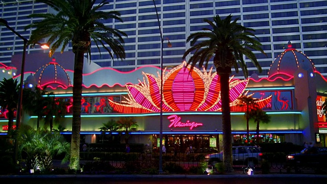 宽镜头从汽车的角度开车经过火烈鸟酒店和赌场在晚上/拉斯维加斯视频素材