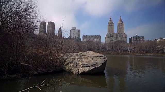 稳定器拍摄的水揭示背后的岩石在中央公园视频素材