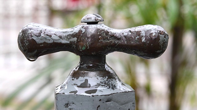 雨后古巴房子花园水龙头的特写。把手上挂着几滴水。古巴，圣克拉拉，维拉克拉拉，旧汽车从后面驶过视频下载