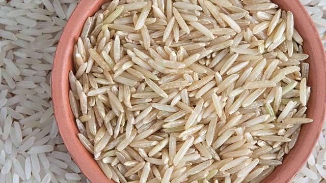 糙米的好处。谷粒放在小盘子里，以外面的白米饭为背景。重要的碳水化合物食品视频下载
