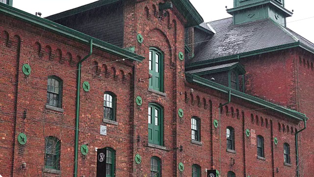 多伦多，加拿大:细节酒厂地区在一个雨天。雨落在国家历史遗址的旧建筑和街道上视频下载