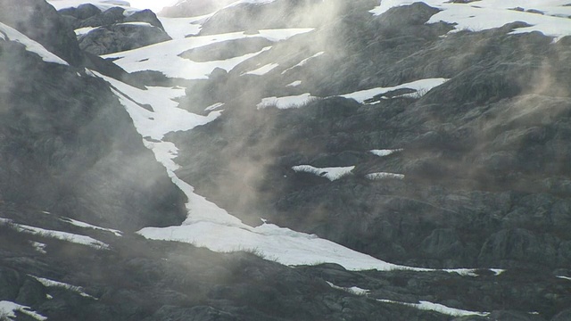 美国阿拉斯加州冰川湾国家公园和保护区，积雪覆盖的岩层上的缕缕云视频素材