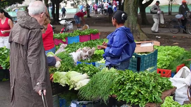古巴圣克拉拉:山迪诺地区的星期天农贸市场。以市场价出售蔬菜视频下载