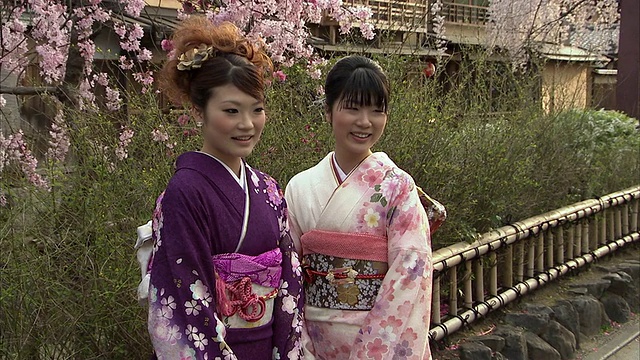 日本京都，两名身着和服的年轻女子在樱花下摆姿势视频素材