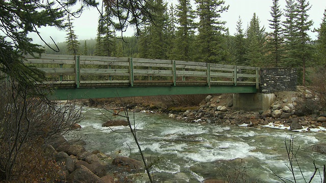 加拿大亚伯达省班夫国家公园的路易斯湖村，穿越河流和急流的WS人行桥视频素材