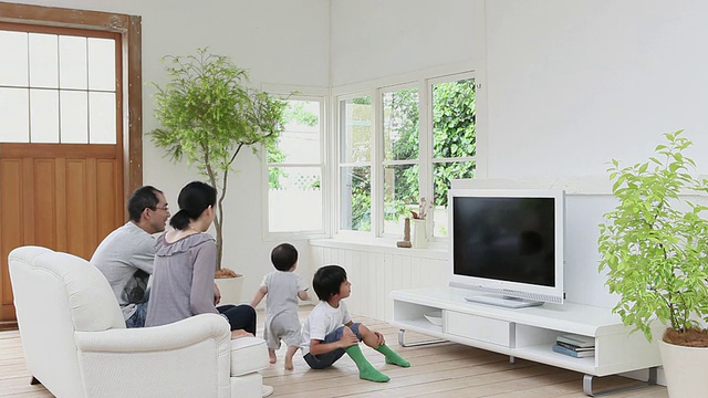 WS家庭，男婴(12-17个月)和儿子(6-7个月)在客厅看电视/世田谷，日本东京视频下载