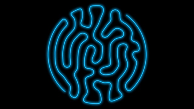 发光的蓝色曲线从框架的中心生长，填充一个圆圈，在黑色的背景视频下载