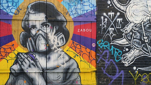 砖巷是扎布创作的一幅色彩鲜艳的街道画，画中是一个戴着防毒面具的女人视频下载