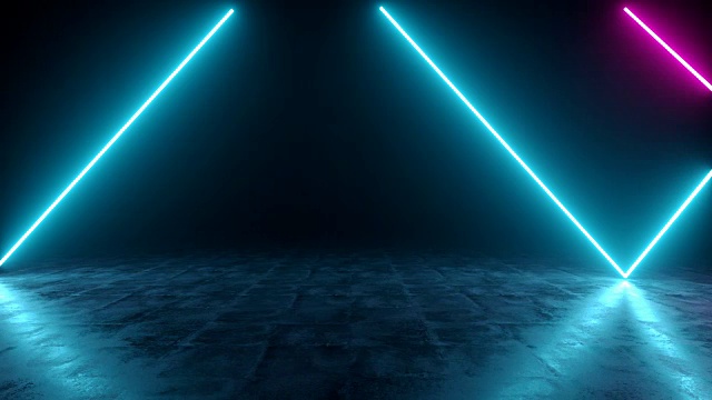 未来科幻黑暗空房间与蓝色和紫色霓虹灯发光线管在垃圾混凝土地板与反射3D渲染视频视频素材