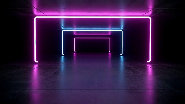 未来科幻黑暗空房间与蓝色和紫色霓虹灯发光线管在垃圾混凝土地板与反射3D渲染视频视频素材