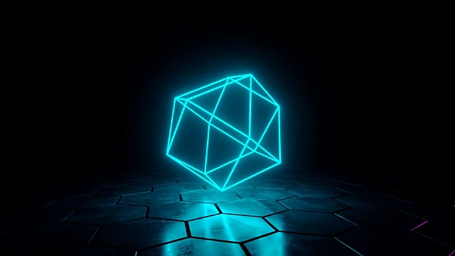 未来科幻黑暗潮湿空房间与蓝色霓虹灯发光抽象几何图形旋转在垃圾混凝土六角形地板与反射3D渲染视频视频素材