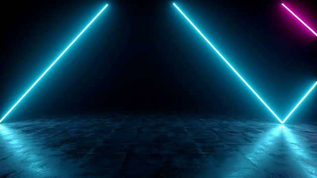 未来科幻黑暗空房间与蓝色和紫色霓虹灯发光线管在垃圾混凝土地板与反射3D渲染动画视频素材