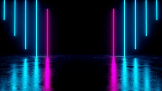未来科幻黑暗空房间与蓝色和紫色霓虹灯发光线管在垃圾混凝土地板与反射3D渲染动画视频素材