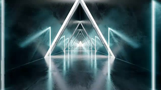 未来现代科幻宇宙飞船混凝土长廊与白色条纹孔和发光的霓虹蓝色管与反射3D渲染相机飞行动画视频素材