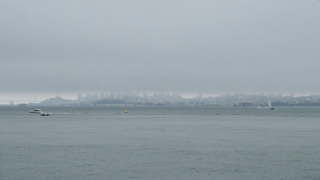 旧金山的天际线和旧金山奥克兰海湾大桥上有船和鸟视频素材