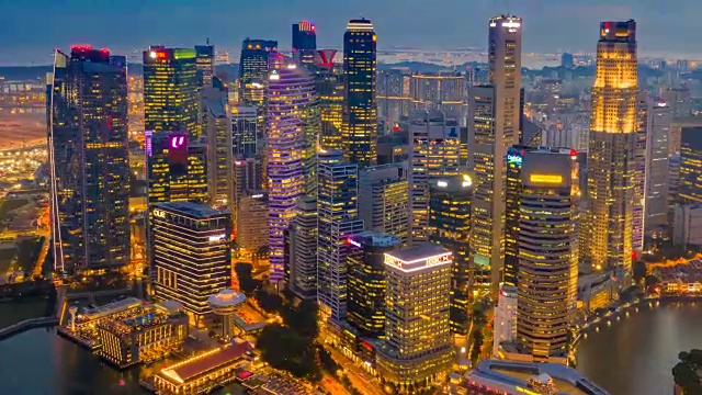 新加坡城市金融中心商務區建筑的晝夜航拍視頻素材