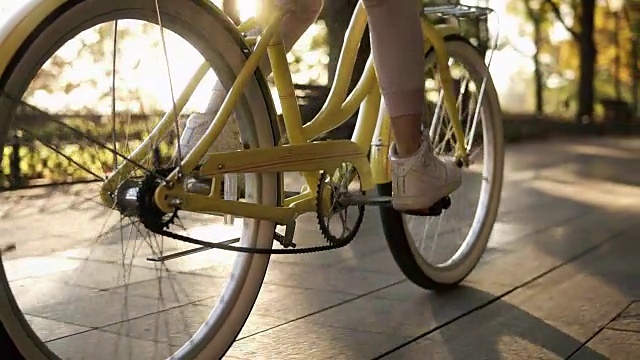女性无脸腿步行自行车在铺平道路上近侧视野积极的生活方式。女孩女人骑着老式自行车走在街上或绿色公园。健康生活夏日户外活动视频下载