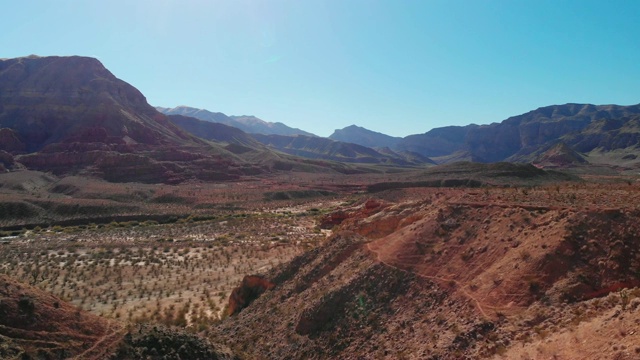 上升卡车向前的无人机拍摄约书亚树在犹他州沙漠山谷与山在一个清澈的，蓝色的天空下的背景视频下载