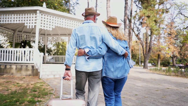 一对相爱的老年情侣带着行李箱一起旅行视频素材
