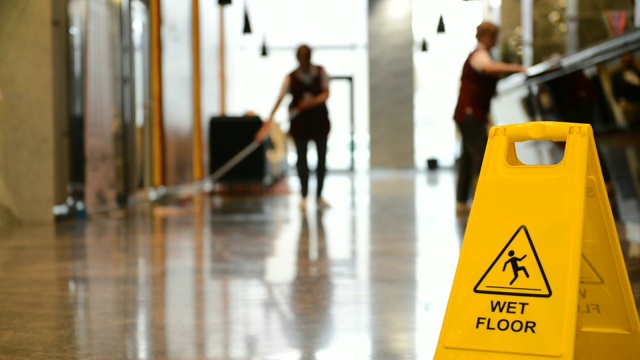 显示“小心湿地板”和“清洁营业楼大厅地板的工人”的警告标志。视频下载