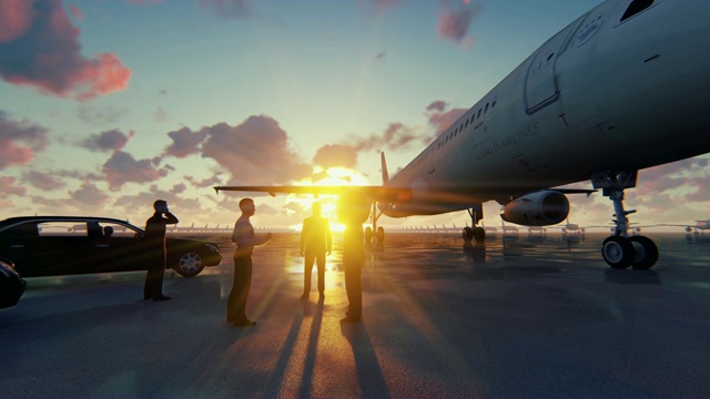 出发前，商人们在飞机前交谈。旅行或旅行的概念。视频下载
