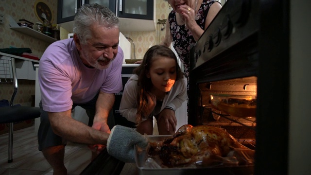祖父母和孙女在圣诞晚餐上品尝传统的火鸡视频下载
