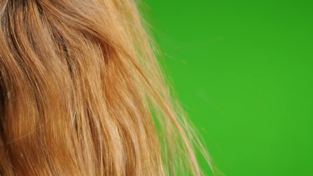 金发女人风干头发在绿色屏幕慢速1920X1080高清镜头-头发吹干金发女人色度键绿色屏幕1080p全高清视频视频素材